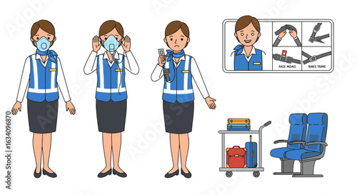 Air Hostess Demonstrating Safety Procedures and Equipment on Airplane, Cartoon Style Illustration