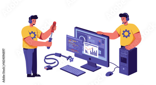 Technical support team fixing computer issues, a vector illustration on white background