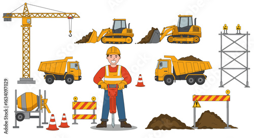 Cartoon construction worker using jackhammer amidst equipment on white background for design