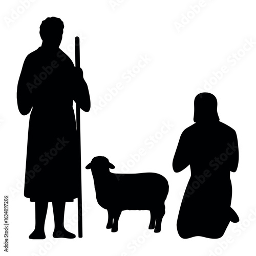 Shepherd with a staff watches over kneeling figure and lamb in silhouette form