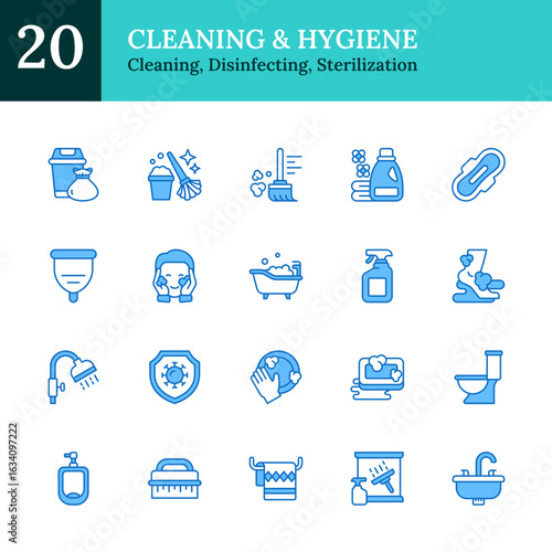 Cleaning & Hygiene Blue Fill Outline Icon Sheet Design Vector - sanitation tools and hygiene practices including cleaning products, disinfecting, personal hygiene, bathroom cleaning, waste disposal