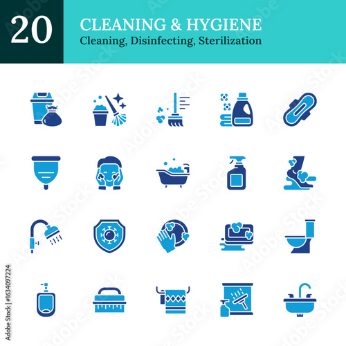 Cleaning & Hygiene Glyph Blue Silhouette Icon Sheet Design Vector - sanitation tools and hygiene practices including cleaning products, disinfecting, personal hygiene, bathroom cleaning