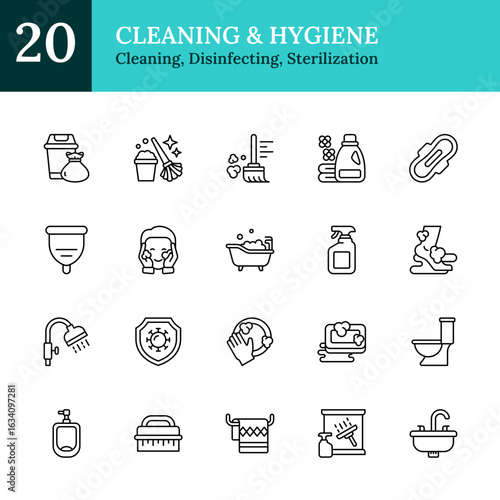 Cleaning & Hygiene Outline Icon Sheet Design Vector - sanitation tools and hygiene practices including cleaning products, disinfecting, personal hygiene, bathroom cleaning, waste disposal