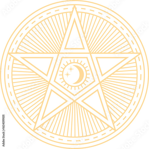 Golden pentagram with sun, moon and stars, inside a circle with rays emanating, representing esotericism, magic, witchcraft, occultism and paganism, isolated on a white background