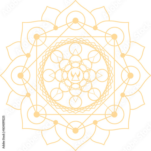 Complex sacred geometry design forming a mandala with circles, triangles, squares, and lotus petals, symbolizing balance, meditation, and spiritual growth