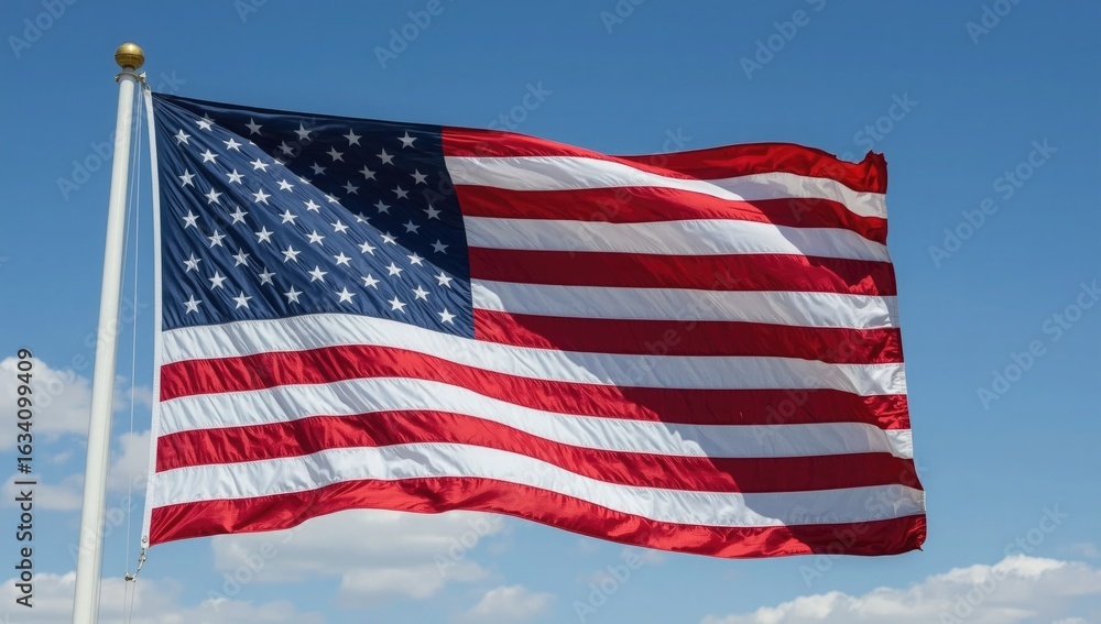 Obraz premium American flag waving proudly in the wind against a bright blue sky with fluffy white clouds, patriotic symbol of the USA