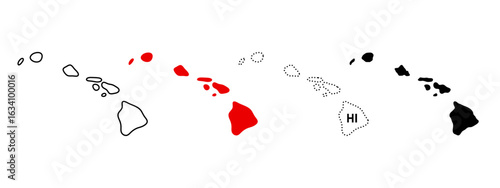 Hawaii state map icon. US state silhouette in outline, filled, dotted and labeled styles sign. State border and island location symbol. American geography pictogram. Regional identity illustration.
