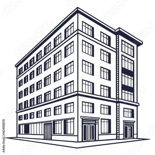 Illustration of a multistory building with geometric design isolated on white background