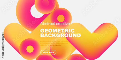 Vibrant fluid shapes, orange, pink hues dominate design. Text overlay promotes geometric background concept. Modern aesthetic.