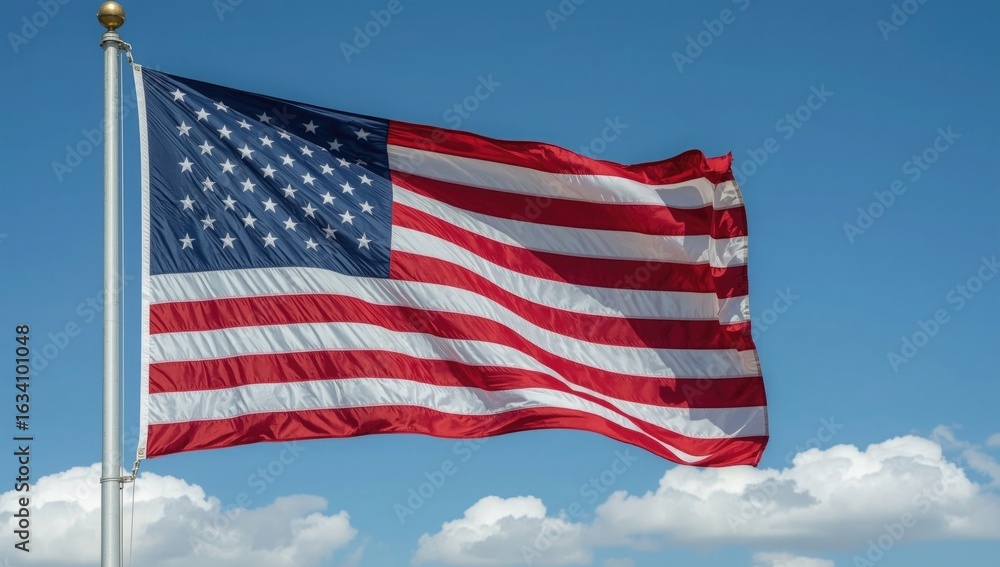 Fototapeta premium American flag waving proudly against a clear blue sky with fluffy clouds, symbolizing freedom, patriotism, and national pride for Fourth of July celebrations