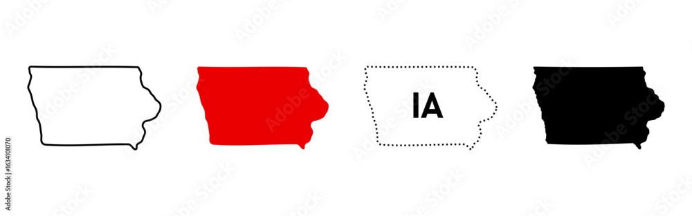 Fototapeta premium Iowa state map icon set. US state silhouette in outline, filled, dotted and labeled styles sign. State border and location symbol. American geography pictogram. Regional identity illustration.