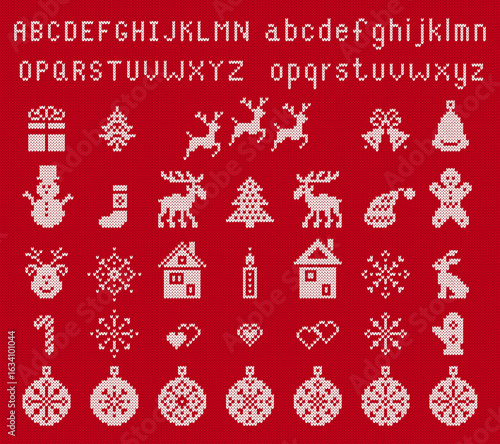 Christmas pattern with snowman, house, gift box, snowflake, trees, Knit seamless ornament. Fair isle festive Xmas ugly elements. Sweater xmas border. Knitted print. Vector illustration