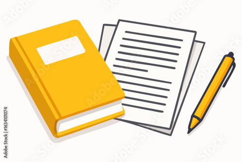 Flat vector illustration of a yellow hardcover book with white label, lying next to printed documents with black text and a yellow pen