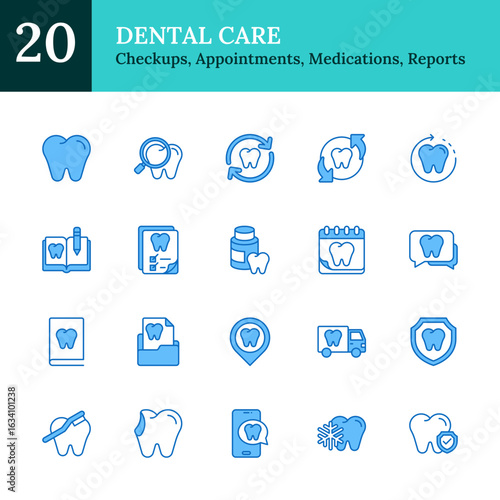 Dental Care Blue Fill Outline Icon Sheet Design Vector - cleaning, tooth replacement, dental protection, appointments, medications, reports, and mobile dental services
