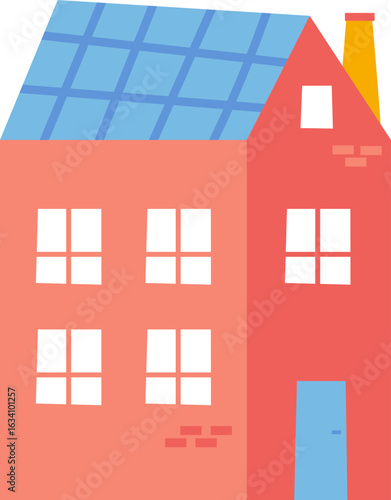 Red two story house featuring blue solar panels on the roof and a cheerful yellow chimney, embodying the principles of renewable energy and promoting sustainable living practices