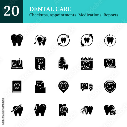 Dental Care Glyph Black Silhouette Icon Sheet Design Vector - cleaning, tooth replacement, dental protection, appointments, medications, reports, and mobile dental services