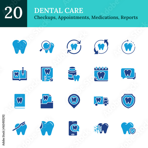 Dental Care Glyph Blue Silhouette Icon Sheet Design Vector - cleaning, tooth replacement, dental protection, appointments, medications, reports, and mobile dental services