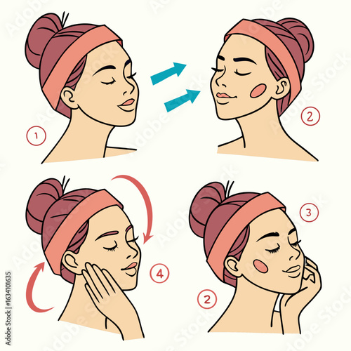 Woman applying facial serum or cream with massage steps isolated on transparent background