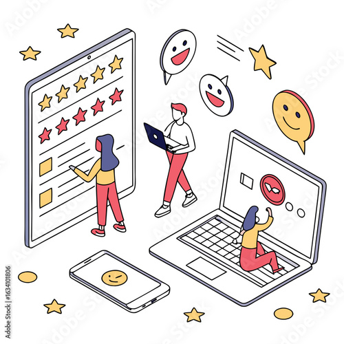 People interacting with digital interfaces for feedback and reviews isolated on transparent background