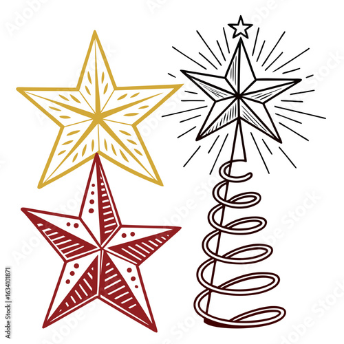 Illustration of christmas star tree toppers isolated on white background