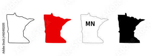 Minnesota state map icon. US state silhouette in outline, solid, dotted line and abbreviation MN sign. Northern Midwest region symbol. Minneapolis and Twin Cities area pictogram. USA map illustration.