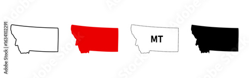 Montana state map icon set. US state shape in outline, solid fill, dotted contour and MT abbreviation sign. Northwestern region symbol. Helena capital pictogram. USA map illustration.