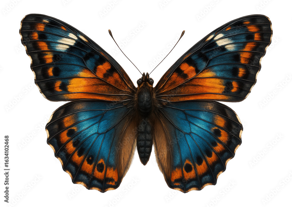Fototapeta premium Vibrant butterfly with blue, orange, and black patterned wings, showcasing detailed textures and symmetrical design on transparent background.