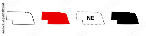 Nebraska state map icon set. US state silhouette in outline, solid, dotted line and NE abbreviation sign. Midwest state symbol. Lincoln capital pictogram. USA geography illustration.