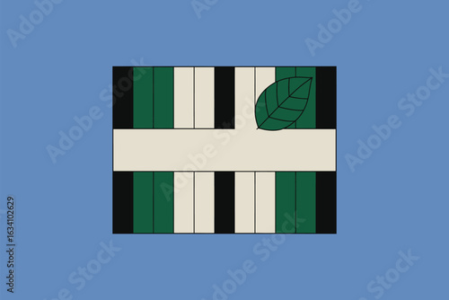 A geometric design with green, black, and white stripes, a horizontal bar, and a green leaf outline