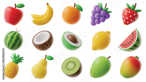Variety of colorful 3D fruit icons arranged on white background for healthy eating and summer concepts