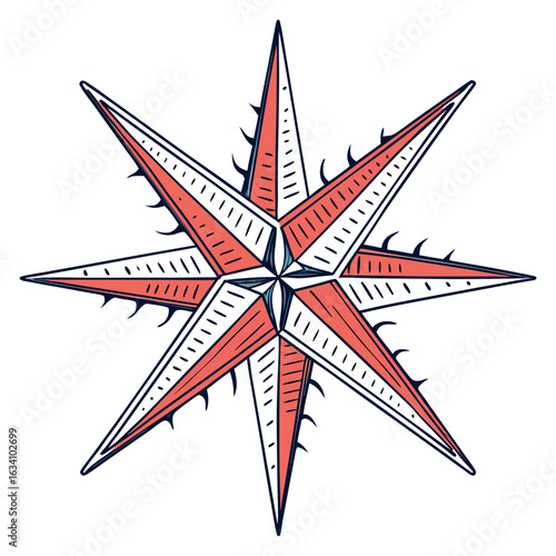Colorful compass rose illustration isolated on white background, vintage style