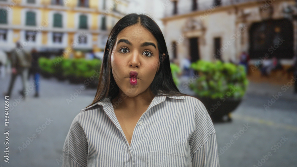 Young latin woman smiling outdoors in urban street setting with colorful background, showcasing vibrant mood and city life engagement Young latin woman smiling outdoors in urban street setting with colorful background, showcasing vibrant mood and city life engagement