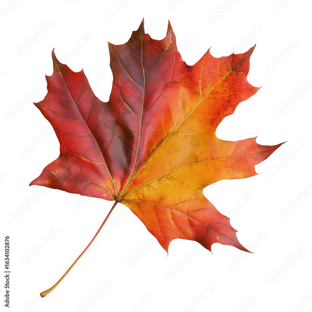 Obraz premium Vibrant autumn maple leaf isolated against a deep transparent background with detailed veins