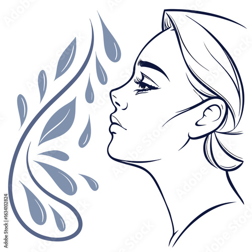 Illustration of a womans face in profile with water drops isolated on white background