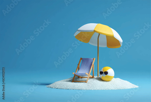 Minimalist Beach Scene with Umbrella Deckchair and Beach Ball on Blue Background Capturing Summer Vacation Vibe