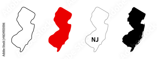New Jersey map icon set. State outline, solid fill, dotted NJ label sign and silhouette symbol. USA northeast region pictogram. Trenton location and state shape map illustration.