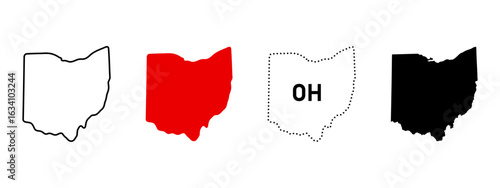 Ohio map icon set. Outline, red fill, OH dotted sign and black silhouette symbol. Midwestern state pictogram. Columbus capital city location and USA border illustration.