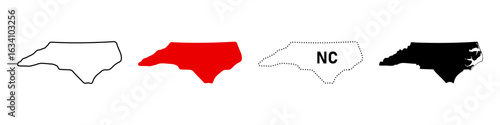 North Carolina map icon set. State outline, solid red, dotted NC sign and filled silhouette symbol. Southeast USA pictogram. Raleigh capital and coastline illustration.