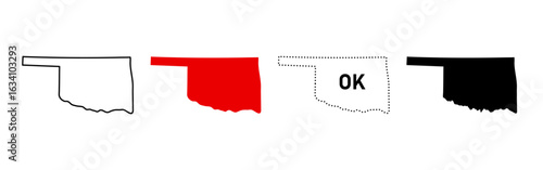 Oklahoma map icon set. Outline, red fill, OK dotted sign and black silhouette symbol. Southern plains state pictogram. Oklahoma City capital location USA map illustration.