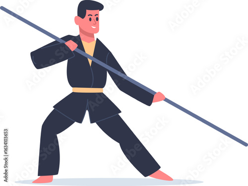 Young man practicing martial arts with a bo staff in a black uniform, demonstrating a defensive stance while promoting fitness, discipline, and self defense skills