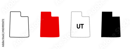Utah map icon set. Red fill, solid black, UT abbreviation and outline sign. Western US state symbol. Salt Lake City capital pictogram. Simple geographic region illustration.