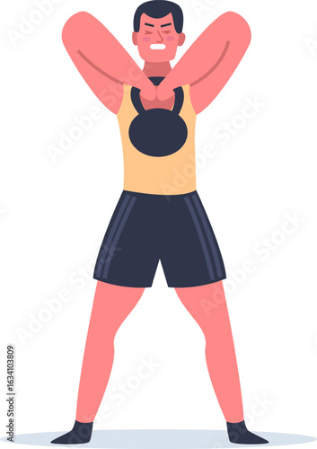 Male athlete lifting a kettlebell during an intense workout session, showcasing strength and determination while engaging in rigorous fitness training at the gym