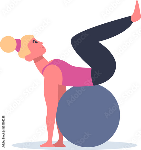 Young woman is training using fitness ball, performing back extension exercise, strengthening back and core muscles, promoting healthy lifestyle and physical wellbeing