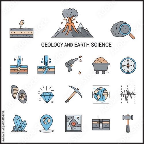 Illustrative icons depicting various geological and earth science concepts and elements.