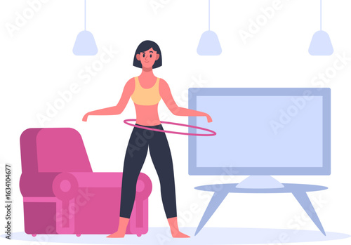 Young woman enjoying her free time, exercising with a hula hoop in her cozy living room while watching television, maintaining fitness and promoting a healthy lifestyle
