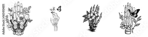 A hand-drawn modern sketch features a skeleton hand accompanied by a butterfly flower, rendered in black outline on a transparent background