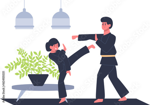 Two young students wearing martial arts uniform are practicing kicks and punches in their living room, promoting a healthy and active lifestyle