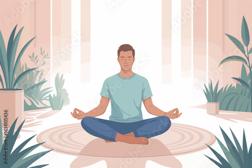 Man meditating in lotus pose surrounded by plants yoga