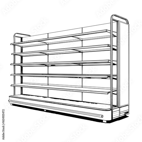 Empty store shelves and display racks in a white retail shop, awaiting the stocking of packaged foods, beverages, snacks, and other essential items