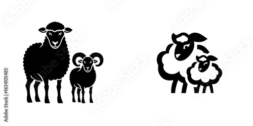 The image of a sheep icon is depicted in a modern style with a black and white color scheme, showcasing the silhouettes of a ewe and a ram
